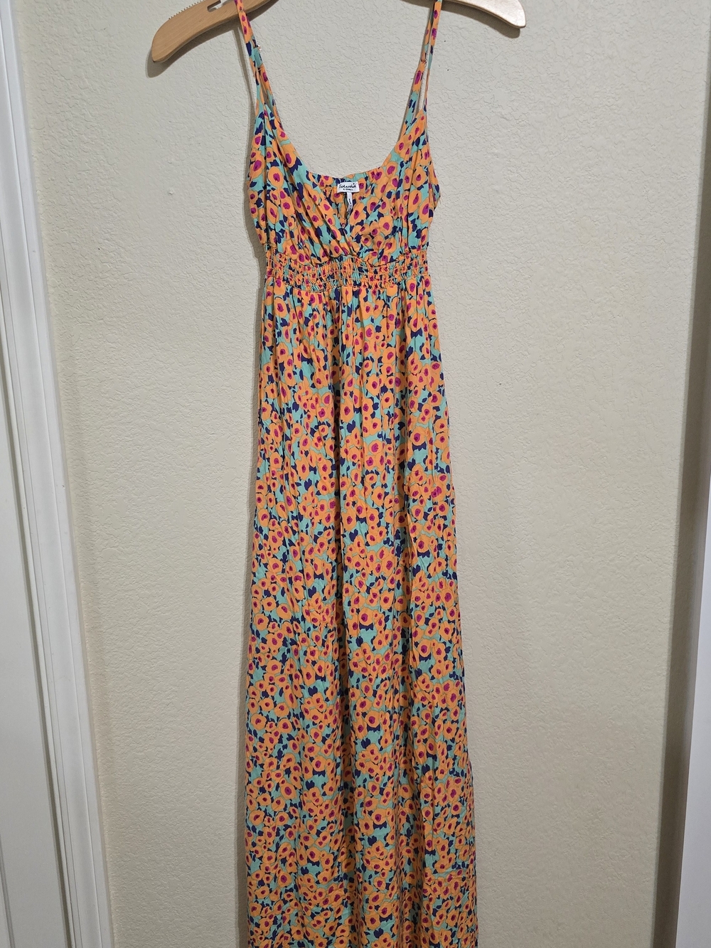 Splendid Orange Floral Maxi Dress with Blue and Pink Prints